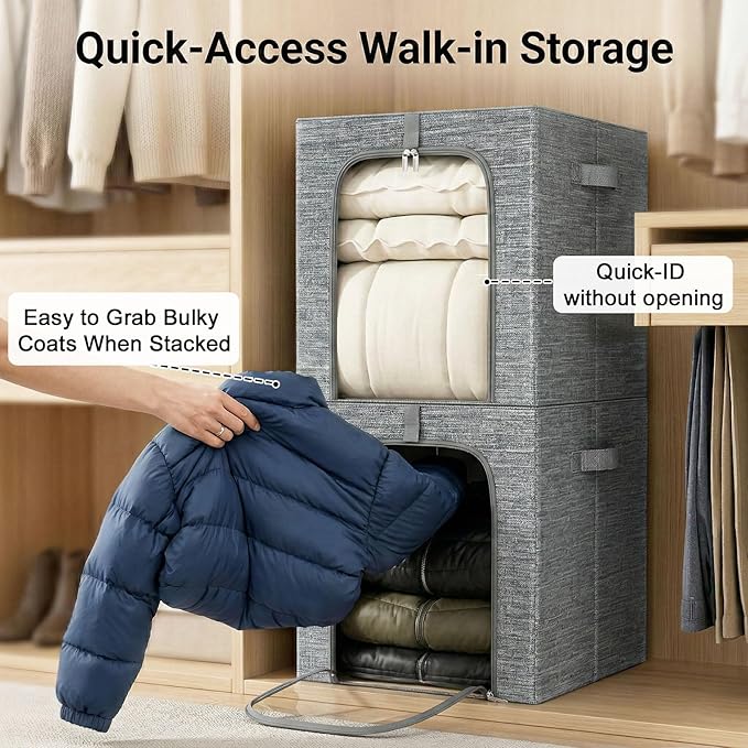GoMaihe Clothes Storage Bins Metal Frame: 55L Extra Large Stackable Closet Storage Bin with Lid &amp Clear Window Heavy Duty Blanket Box for Winter Coats Comforters (Fits Deep Closet 4-Pack)