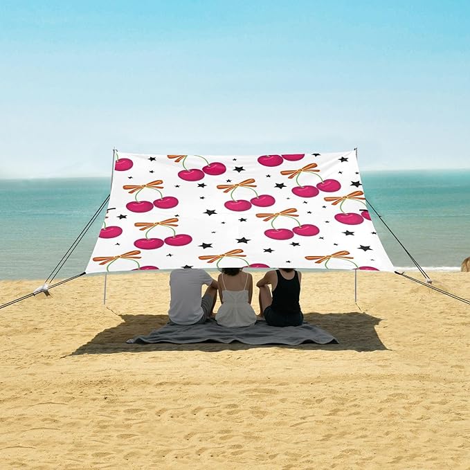 Beach Canopy with Windproof Ropes &amp Sandbags Beach Tent Sun Shade Sun Shelter for Camping Trips Fishing Backyard Fun or Picnics Cherry
