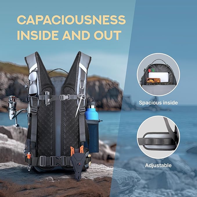 Waterproof Fishing Backpack with Rod Holder Inflatable Air Valve Padded Waist Straps &amp Gear Loops - Submersible Zipper Rugged Top Handle Adjustable Attachments (Blue)