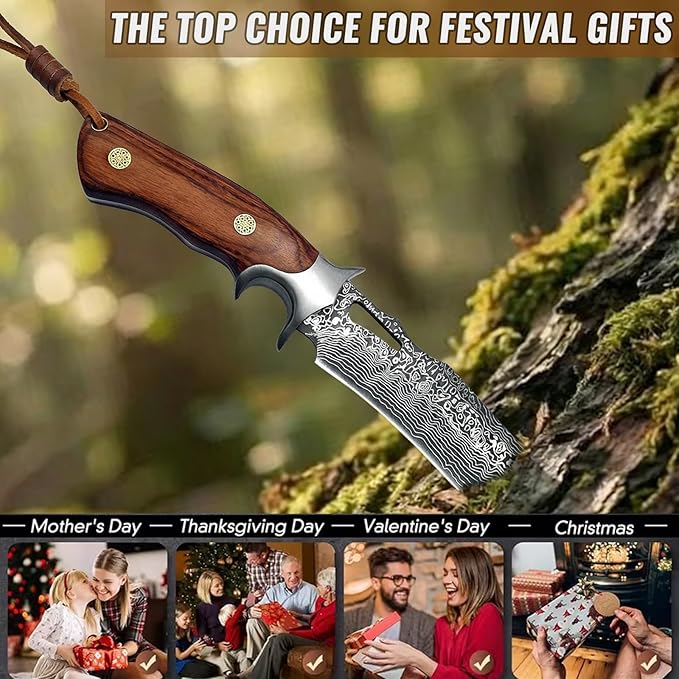 Fixed Blade Hunting Knife with Leather Sheath - 10 Full Tang Stainless Steel Camping Knife with Ergonomic Wood Handle &amp Damascus Pattern - Sharp Outdoor Survival Tool for Hiking Bushcraft Fishi