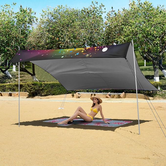 ALAZA Dinosaur with Rainbow Sparkles Star Beach Tent Sun Shelter Portable Canopy Sunshade for Outdoor Camping Picnics Backyard Fun 10x9 ft