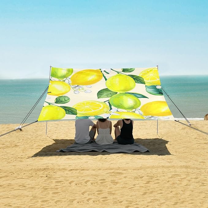 Beach Canopy with Windproof Ropes &amp Sandbags Beach Tent Sun Shade Sun Shelter for Camping Trips Fishing Backyard Fun or Picnics Lemon