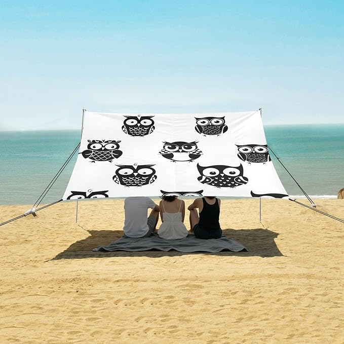 Beach Canopy with Windproof Ropes &amp Sandbags Beach Tent Sun Shade Sun Shelter for Camping Trips Fishing Backyard Fun or Picnics Owl