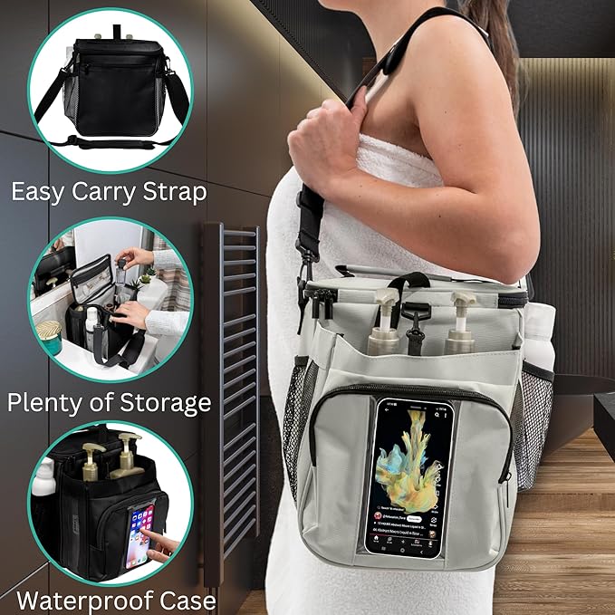 TERRA HOME Portable Shower Caddy Bag- Large Capacity Quick Dry with Metal Hook - Hanging Shower Bag - Breathable Mesh Toiletry Shower Tote for Gym and College Dorm (Grey Extra Large)