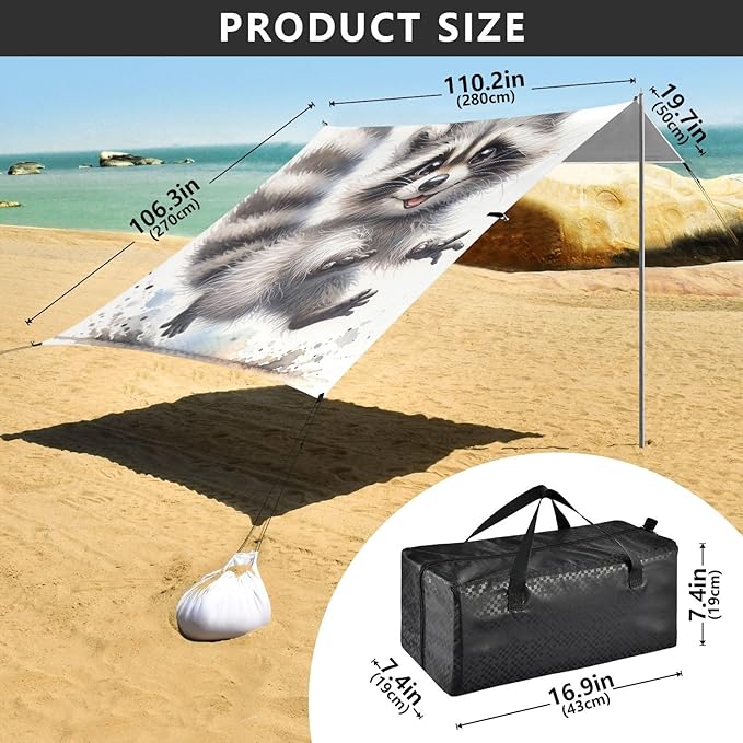 ALAZA Funny Raccoon Animal Beach Tent Sun Shelter UPF50+ Protection Beach Shade Canopy w/ 4 Sandbags for Outdoor Camping Fishing Backyard Fun Picnic 10x9 ft