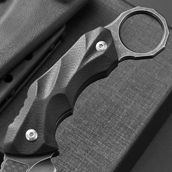 Ccanku C1692 Carbon Fiber Fixed Blade KnifeD2 Steel G10 Handle 4 Inches Camping EDC Tools Survival Claw Teeth Knife with Kydex Sheaths(Black) … …