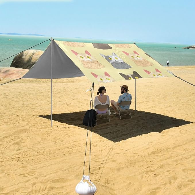 Beach Canopy with Windproof Ropes &amp Sandbags Beach Tent Sun Shade Sun Shelter for Camping Trips Fishing Backyard Fun or Picnics Cat