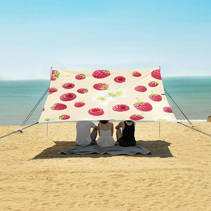 xigua Raspberry Beach Tent Sun Shelter with Carrying Bag - Silver Coated Oxford Fabric Beach Canopy for Beach Camping Fishing - Includes Windproof Ropes Sandbags &amp Stakes