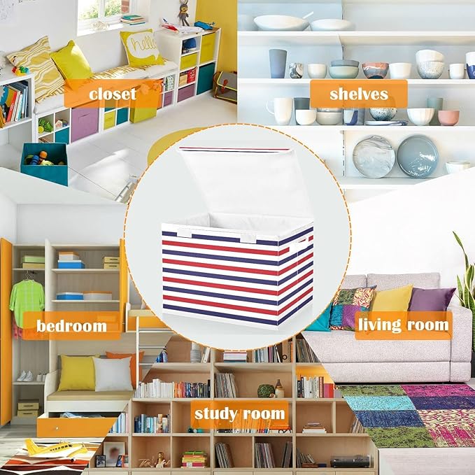 CaTaKu Large Fabric Storage Bins With LidsRed White Blue Stripe Storage Boxes With Handles for Organizing Clothes Collapsible Storage Cube Bins Baskets for Shelves