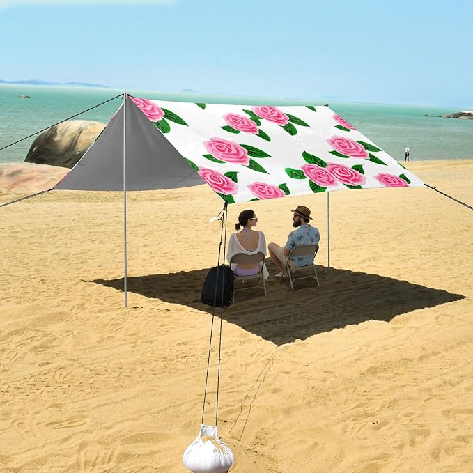 Beach Canopy with Windproof Ropes &amp Sandbags Beach Tent Sun Shade Sun Shelter for Camping Trips Fishing Backyard Fun or Picnics Roses