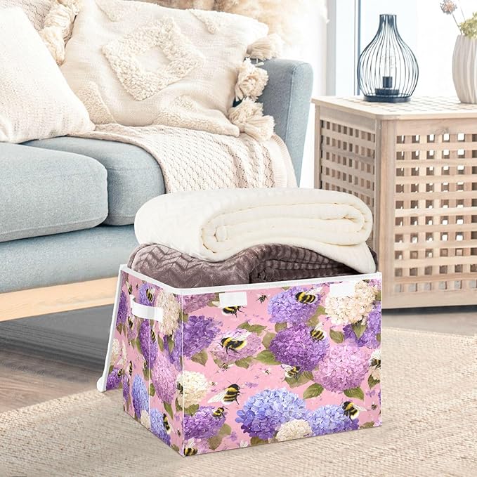 Storage Bins With Lid Stackable Fabric Closet Organizer Clothing Storage Large Boxes For Closet Shelves Bedroom Purple Bees and Hydrangeas