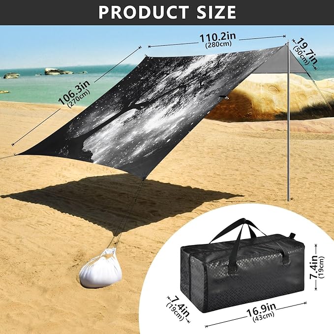 Forest Black Galaxy Beach Tent Sun Shelter Set UPF50+ UV Protection 10.5 x 9.19 FT Camping Shade Canopy with Sandbags Sand Anchors Carrying Bag and Others
