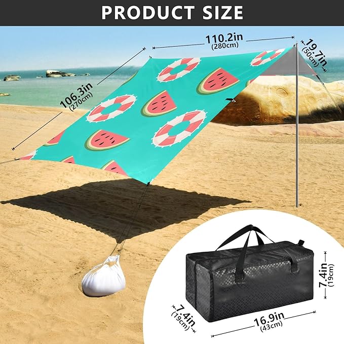 ALAZA Watermelon Swimming Ring Pattern Beach Tent Sun Shelter Portable Canopy Sunshade for Outdoor Camping Picnics Backyard Fun 10x9 ft