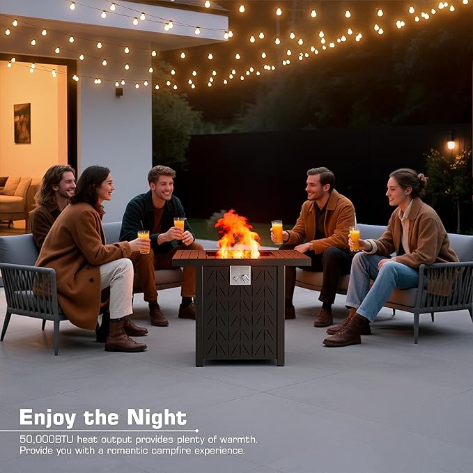 28'' Propane Fire Pit Table 2 in 1 Rectangular Outdoor Fireplace Outside Patio Deck and Garden Gas Fire Pit Table with Lid and Stone 50000 BTU Adjustable Flame