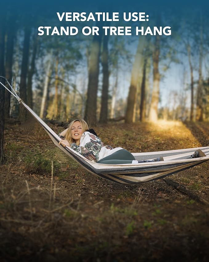 Everyfun Hammock with Heavy-Duty Steel StandPortableEasy Assembly600lbs Weight CapacitySuit for IndoorYardCampingor OutdoorBlack White