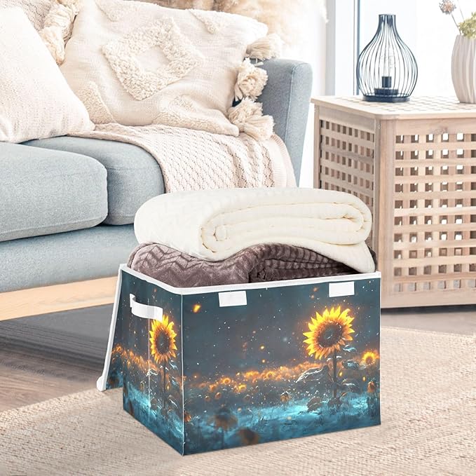 AIXIWAWA Lidded Storage Cube (Shining Sunflower) Fabric Foldable Closet Bins with Flip Lid and Handles Organizer Basket Container 16.5 x 12.6 x 11.8 IN