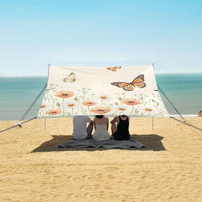 Wildflowers Beach Canopy Sun Shelter with Sandbags &amp Sand Shovel &amp Windproof Ropes - Portable 110x126 Beach Shade Beach Tent for Camping Picnics