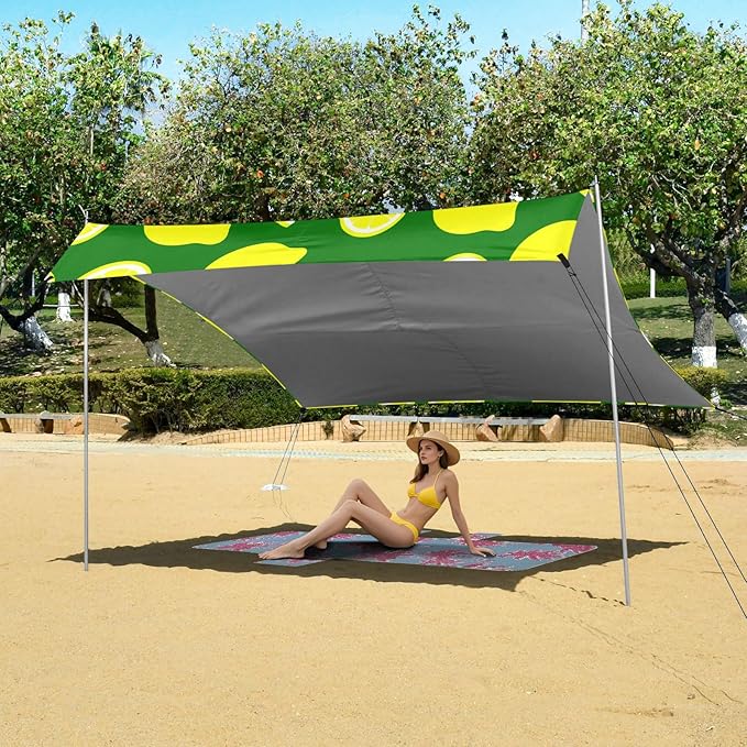 Beach Canopy with Windproof Ropes &amp Sandbags Beach Tent Sun Shade Sun Shelter for Camping Trips Fishing Backyard Fun or Picnics Lemon