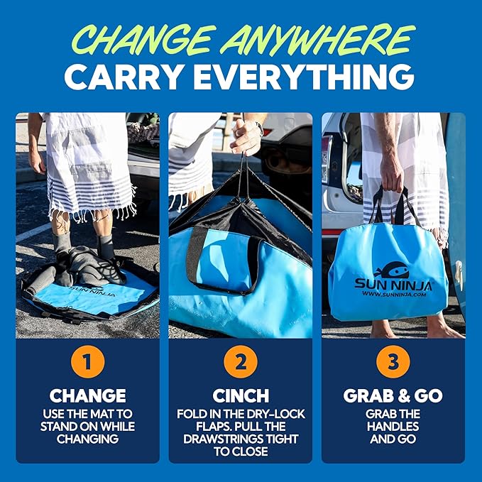 SUN NINJA Wetsuit Changing Mat - Waterproof Beach Changing Mat and Dry Bag Combo Keeps your Car Clean &amp Dry and Surf Gear Protected Beach &amp Surfing Accessories and Gifts