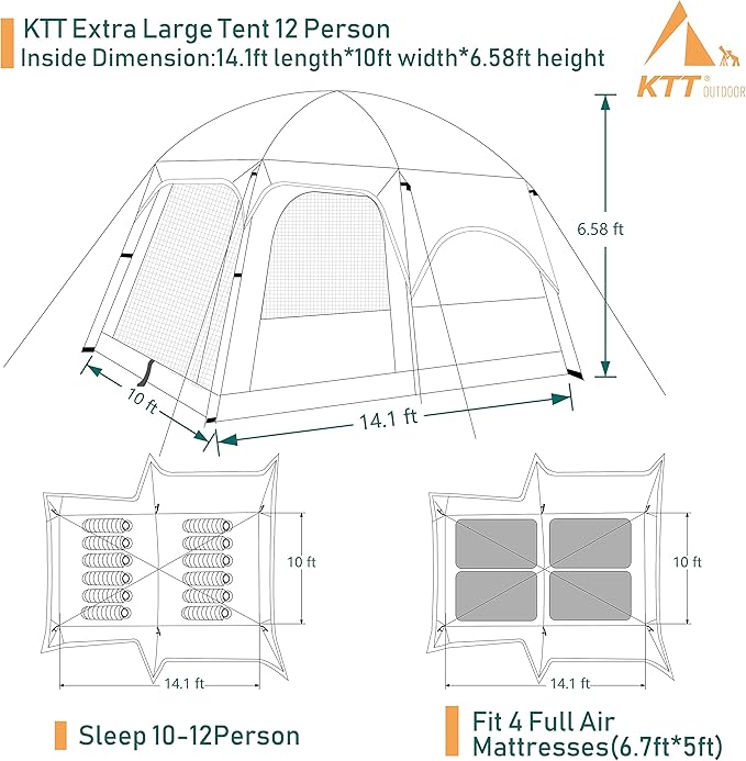 KTT Large Tent 6-8-10-12 PersonFamily Cabin Tents2 Rooms2 Doors and 4 Windows with MeshStraight WallWaterproofDouble LayerBig Tents for OutdoorPicnicCampingFamily Gathering