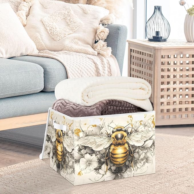Bee Flower Gold Large Storage Bins with Lid Foldable Storage Cubes Fabric Closet Organizer Containers Box Baskets with Flip-Top Lid for Home Office 16.5” x 12.6” x 11.8”