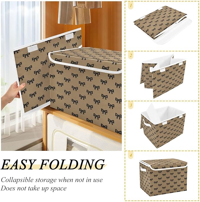 Storage Bins With Lid Stackable Fabric Closet Organizer Clothing Storage Large Boxes For Closet Shelves Bedroom Brown Textured Bow