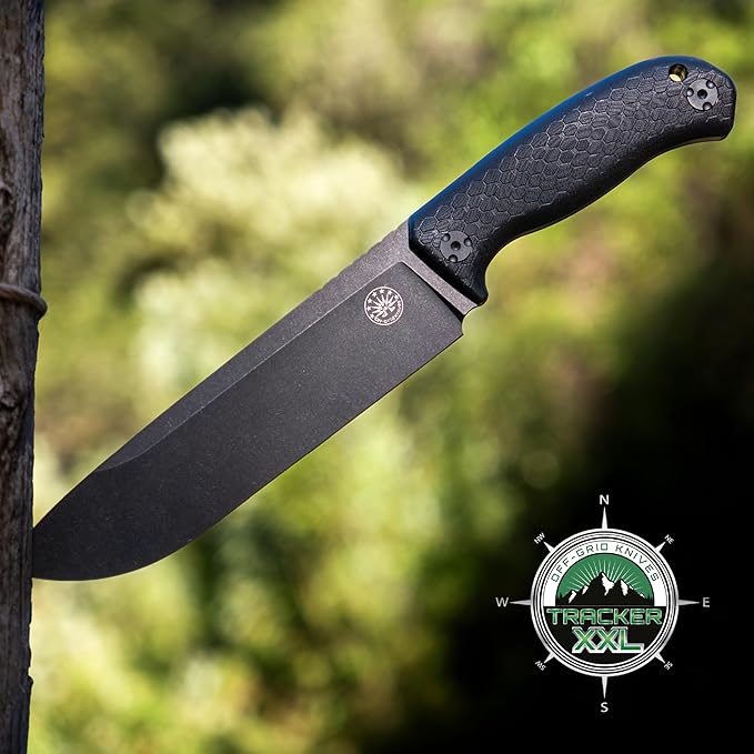 Off-Grid Knives - TRACKER-XXL Fixed Blade Knife Cryo D2 Blade Steel G10 Scales Kydex Sheath OG Lo-Pro Belt Attachment Chopping Camping Bushcraft Hunting Survival (Blackout)