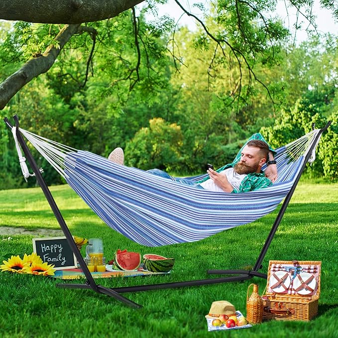 550lbs Capacity Double Hammock Adjustable Hammock Bed with 10ft Heavy Duty Steel Stand Includes Portable Carrying Case Easy Set up European Style Blue Stripes