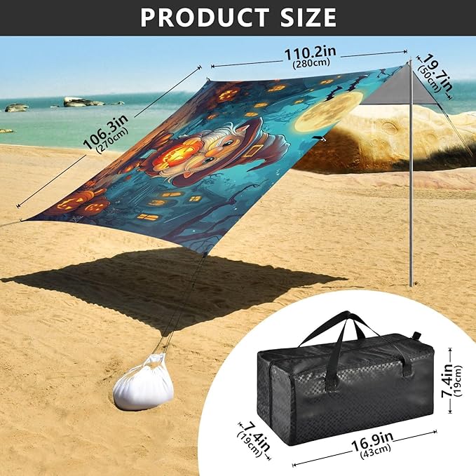 ALAZA Halloween Gnome Beach Tent Sun Shelter UPF50+ Protection Beach Shade Canopy w/ 4 Sandbags for Outdoor Camping Fishing Backyard Fun Picnic 10x9 ft