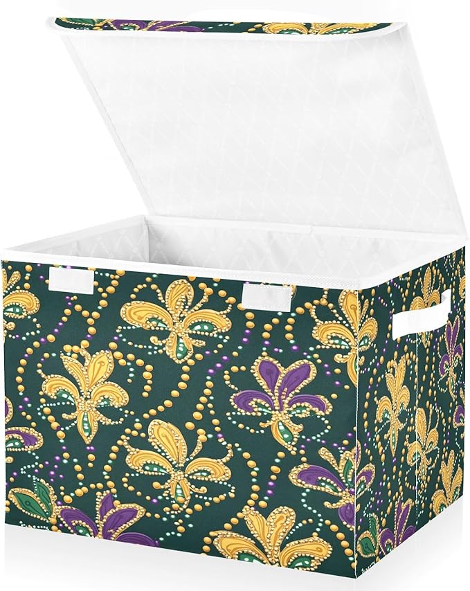 Christmas Storage Baskets with Lids Mardi Gras Themed Collapsible Bins Stackable Fabric Linen Baskets Closet Organizer Container 16.5x12.6x11.8