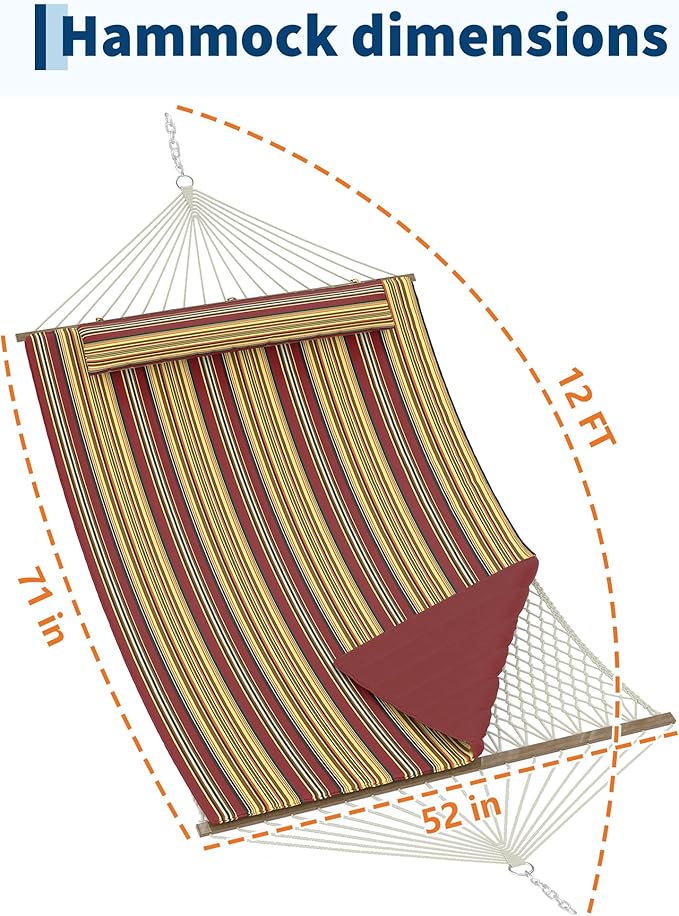2 Person 12FT Hammocks for Outside Double Quilted Fabric Outdoor Hammock with Spreader Bar Large Removable Pillow Storage Pockets Carabiners Max 450 Lbs Capacity