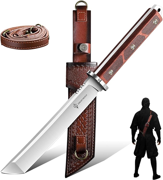 Dream Reach Japanese Tanto Knife Fixed Blade Knife with Leather Sheath for Back Survival Knives with Wood Handle Samurai Knives for Camping Outdoor Collection Gift for Men
