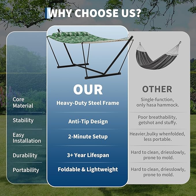 GarveeHome Double Hammock with Heavy-Duty Steel Stand 2 Person Portable Hammock 450LBS Max Weight Capacity Easy Assembly Ideal for Indoor Backyard Camping &amp Outdoor Use