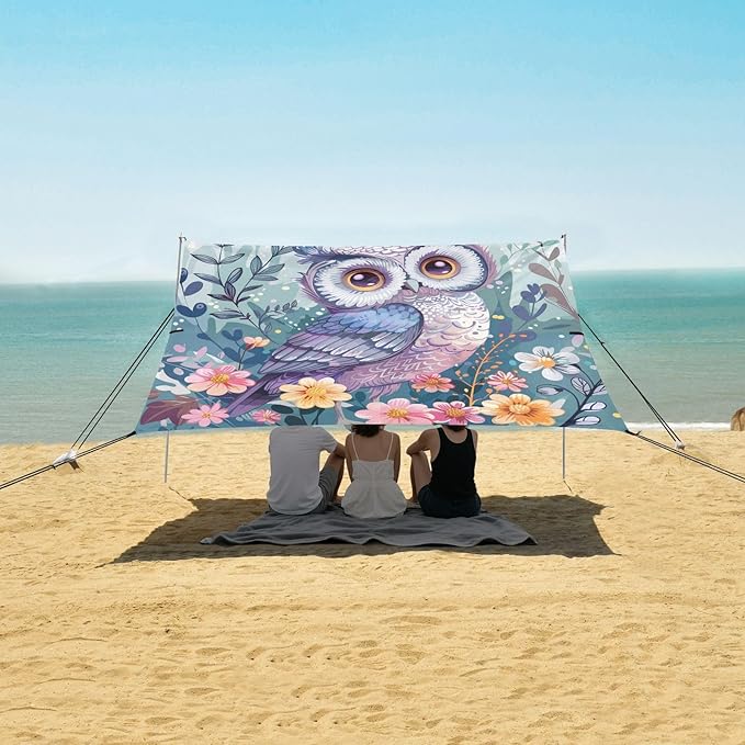 ALAZA Cute Owl Print Flowers Beach Tent Sun Shelter UPF50+ Protection Beach Shade Canopy w/ 4 Sandbags for Outdoor Camping Fishing Backyard Fun Picnic 10x9 ft