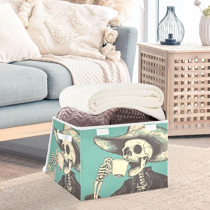 Storage Cube with Lid Skeleton Cowboy Print 16.5×12.6×11.8 IN Collapsible Large Capacity Foldable Storage Basket Bin Organizer