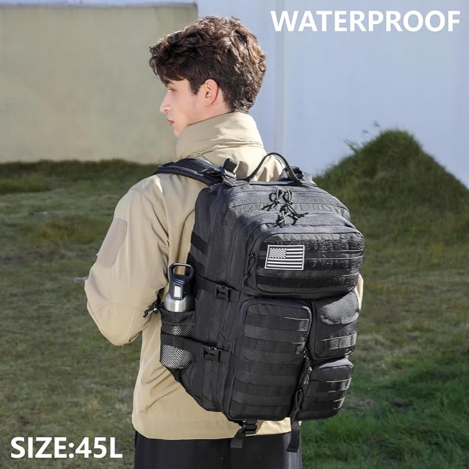 Wotony Tactical Backpack - Military waterproof backpack with multiple pockets and tactical gear for the outdoors (Black 45L)