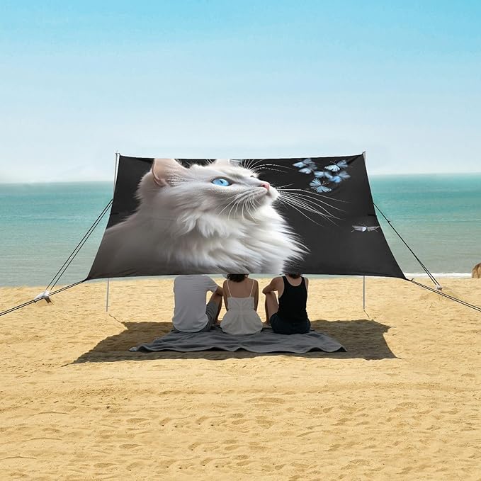 ALAZA Cat Butterfly Beach Tent Sun Shelter UPF50+ Protection Beach Shade Canopy w/ 4 Sandbags for Outdoor Camping Fishing Backyard Fun Picnic 10x9 ft
