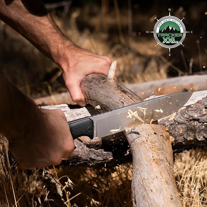 Off-Grid Knives - TRACKER-XXL Fixed Blade Knife Cryo D2 Blade Steel G10 Scales Kydex Sheath OG Lo-Pro Belt Attachment Chopping Camping Bushcraft Hunting Survival (Stonewash)