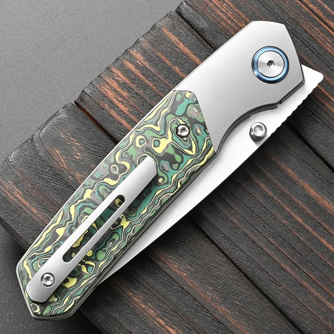 Sitivien ST271 Folding Knife M390 Steel Blade Titanium &amp Carbon Fiber Handle Knife with Pocket Clip for Men Women Outdoor Camping Hiking Survival(Green)