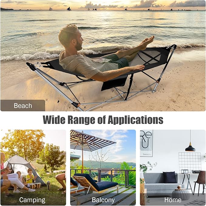 Portable Folding Hammock w/Side Pocket Lounge Camping Bed w/Metal Stand &amp Anti-tip Buckles Outdoor Camping Hammock with Carrying Bag for Patio Garden Yard Easy Assembly (Black)