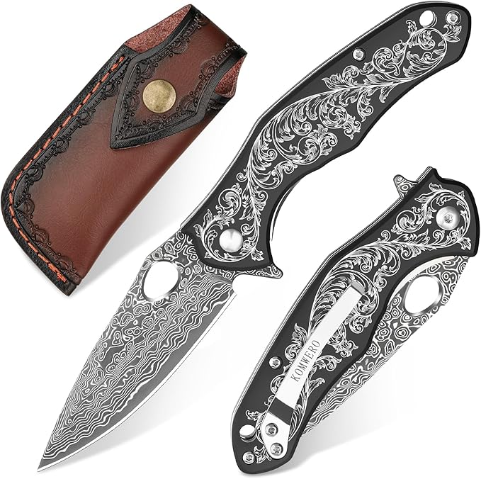 KOMWERO Damascus Pocket Knife with 2.95 VG10 Steel Blade Folding Knife with Aluminum Alloy Non-Slip Handle EDC Knife with Leather Sheath and Pocket Clip for Men Women Camping Survival Hiking