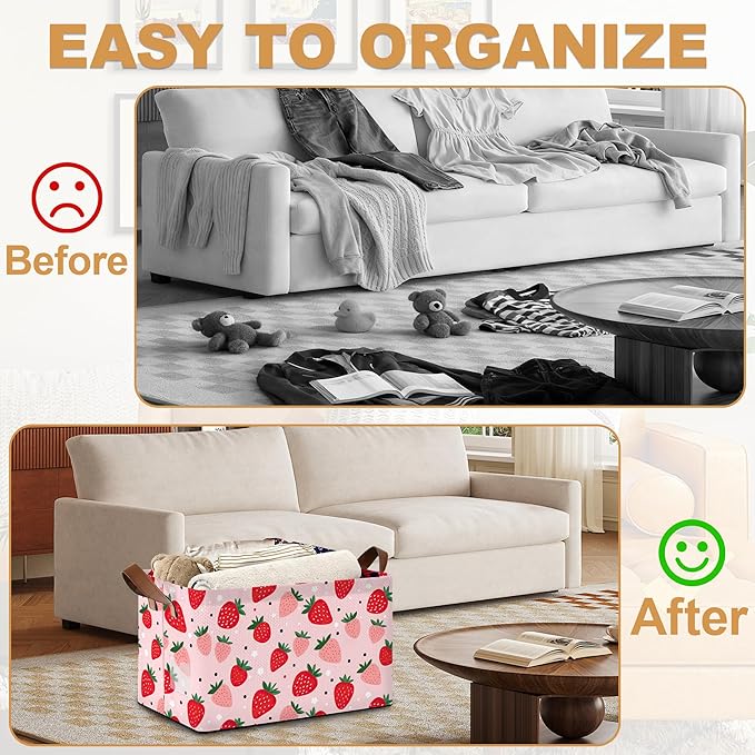 Storage Bin with Handles Cute Strawberry Collapsible Laundry Baskets for Books Laundry - Use in Nursery Closet Organizers and Storage Blanket Basket