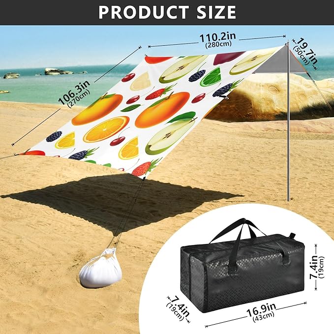 xigua Fruit Beach Tent Sun Shelter with Carrying Bag - Silver Coated Oxford Fabric Beach Canopy for Beach Camping Fishing - Includes Windproof Ropes Sandbags &amp Stakes