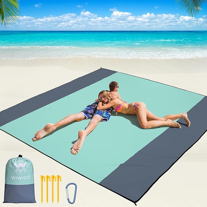 WIWIGO Beach Blanket Waterproof Sandproof Beach Mat 79 X 83/10'x9'for 2-8 Adults Quick Drying Outdoor Picnic Mat Beach Accessories for Travel Camping Hiking