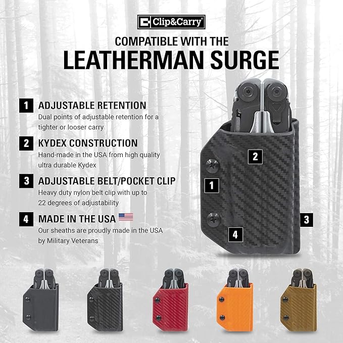 Clip &amp Carry Kydex Multitool Sheath for The Leatherman Surge - Made in USA - EDC Multi Tool Sheath Holder Holster Cover - Black