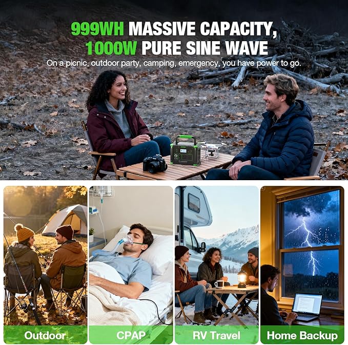 1000W Portable Power Station 999Wh Solar Generator Backup Battery with Pure Sine Wave Solar/AC/Car Chargable for Camping RV Home Emergency &amp Outdoor Adventures