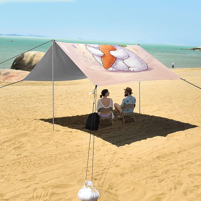 Bunny Beach Canopy Sun Shelter with Sandbags &amp Sand Shovel &amp Windproof Ropes - Portable 110x126 Beach Shade Beach Tent for Camping Picnics