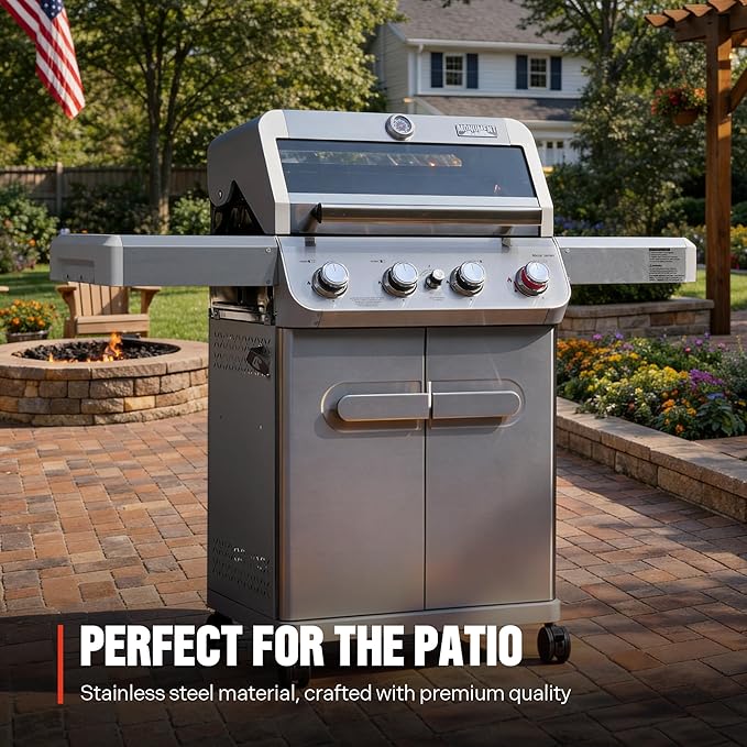 Monument Grills 4 Burner Propane Gas Grill Stainless Steel Outdoor Patio Barbecue Grill with Broil Zone Fast Heating Knob Control and Easy Cleanup M410MBZ