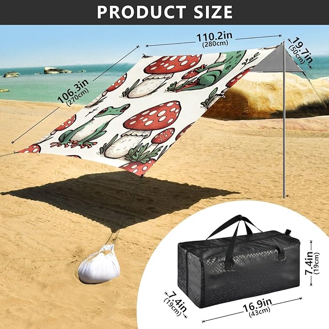 Frogs and Mushrooms Beach Tent Sun Shelter Set UPF50+ UV Protection 10.5 x 9.19 FT Camping Shade Canopy with Sandbags Sand Anchors Carrying Bag and Others