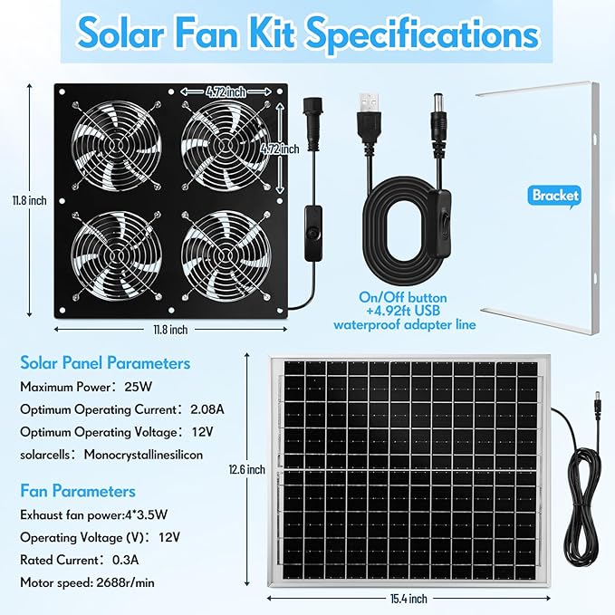 Solar Powered Fan 11.8 Greenhouse Exhaust Fan Solar 4 Fan Kit 25W Solar Panel Powered Exhaust Fan with Aluminum Bracket for Attic Shed Barn Dog House DIY Cooling Ventilation Project(1 Set)